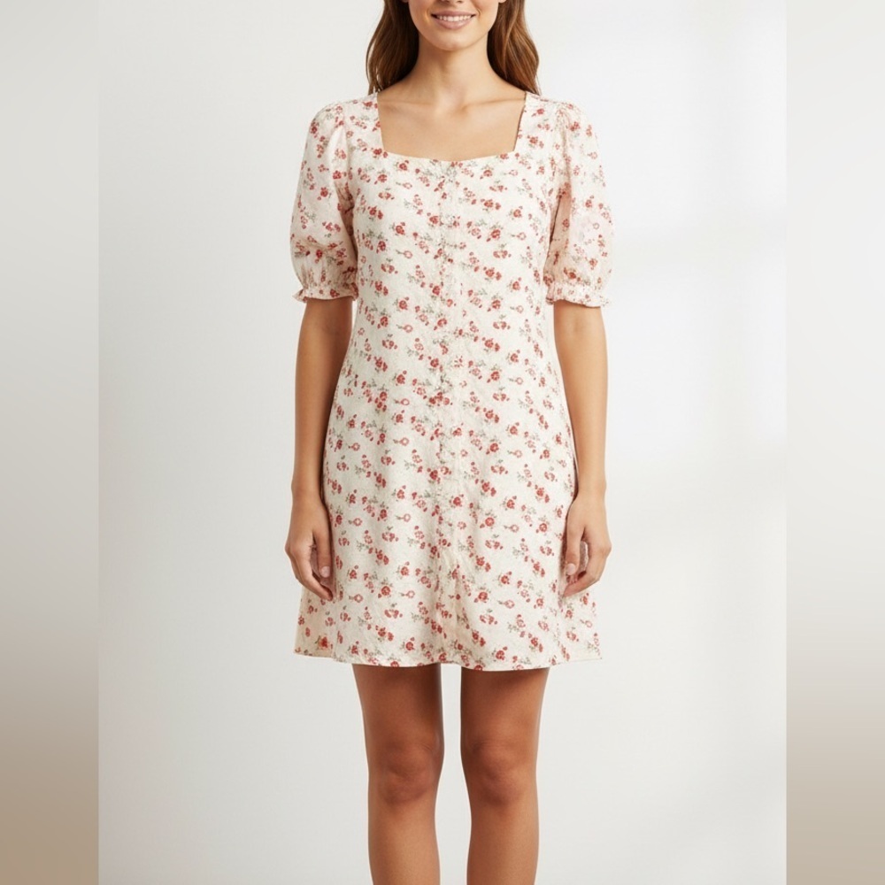 SHEIN Women’s Ivory & Red floral Square Neck Button Up Dress Size Small Mini